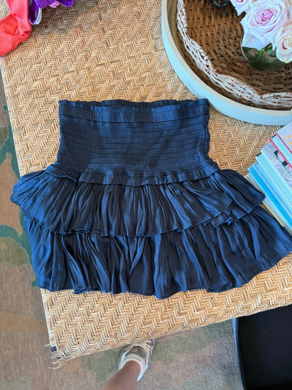 Smocked Waist Navy Blue Ruffled Skater Skirt